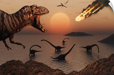 A mighty T. Rex roars from overhead as a giant fireball falls from the sky