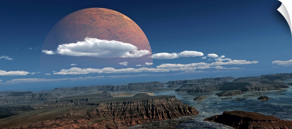 Alterered photograph of a large glowing moon rising above water filled canyons.