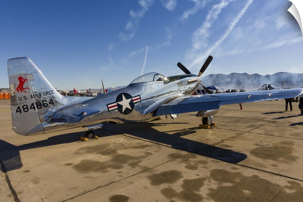 A P-51 Mustang parked on the ramp at Nellis Air Force Base, Nevada.