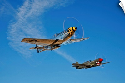 A P-51D Mustang Kimberly Kaye and a P-40E Warhawk in flight