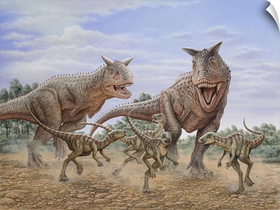 A Pair Of Carnotaurus Dinosaurs Chasing A Group Of Gasparinisaura