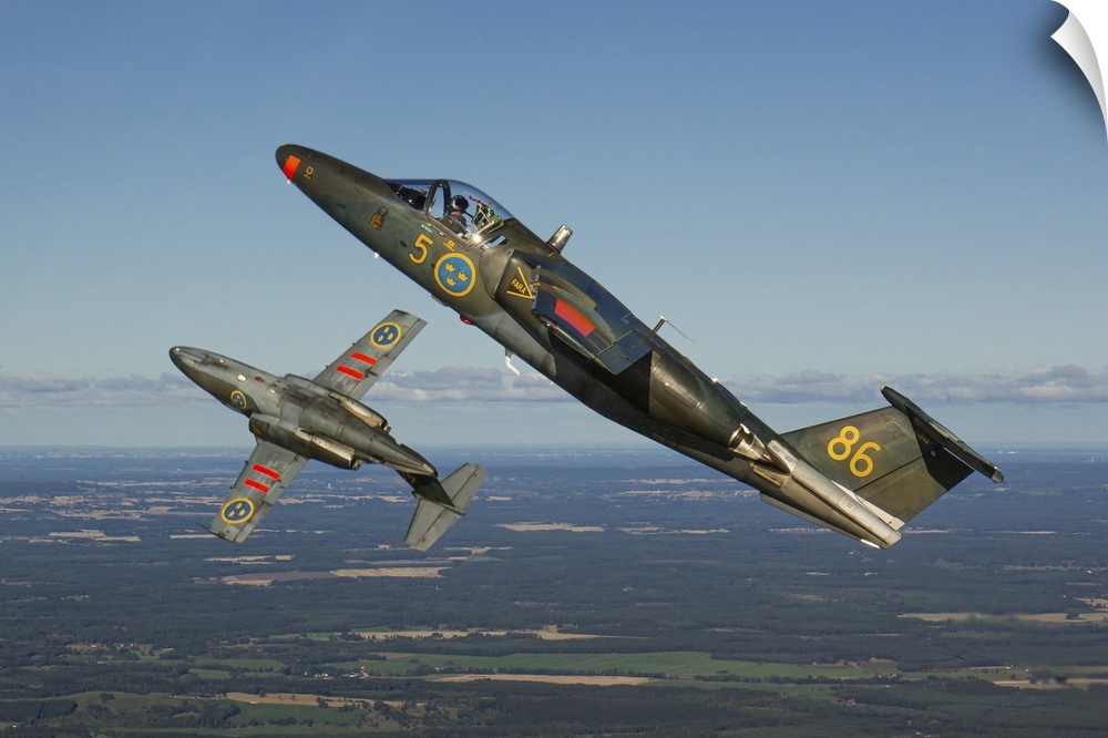 A pair of Swedish Air Force Sk60 training jets on a formation flight from their homebase Linkoping, Sweden.