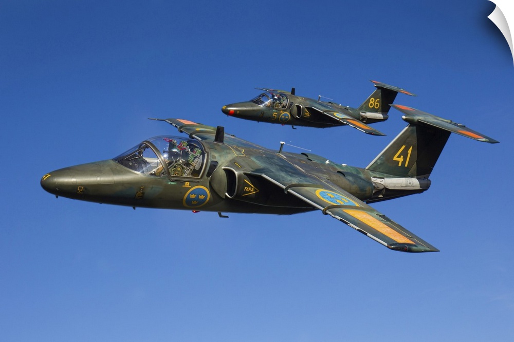 A pair of Swedish Air Force Sk60 training jets on a formation flight from their homebase Linkoping, Sweden.