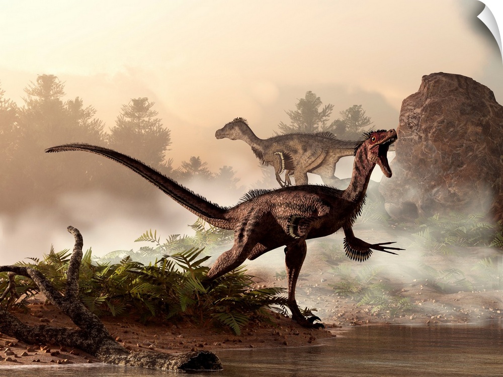 A pair of velociraptors patrol the shore of an ancient lake looking for their next meal.