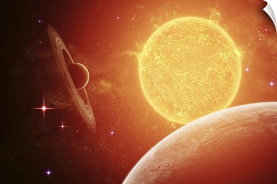 A planet and its moon resisting the relentless heat of the giant orange sun Pollux
