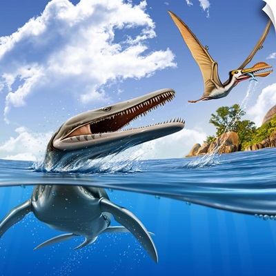 A Plesiopleurodon jumps out of the water, attacking an Ornithocheirus