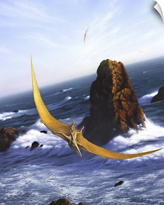 A Pteranodon soars above the ocean and rocks