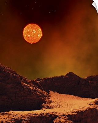 A rugged planet landscape dimly lit by a distant red star