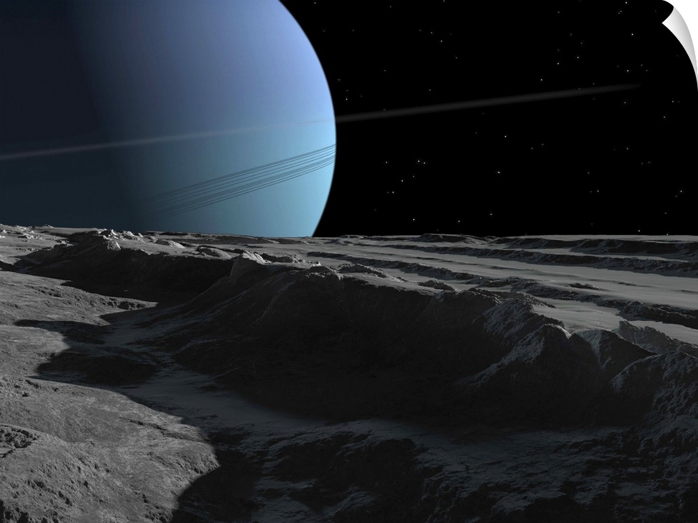 A scene on the tortured, wrinkled terrain of Miranda, one of Uranus' many moons.
