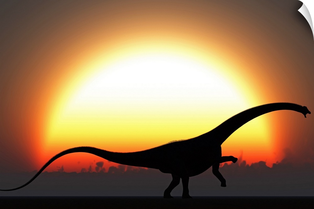 A silhouetted Diplodocus dinosaur takes a defensive stance as danger approaches at the start of a prehistoric day.