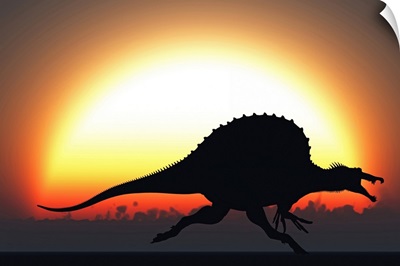 A silhouetted Spinosaurus sprinting against a setting set at the end of a Jurassic day