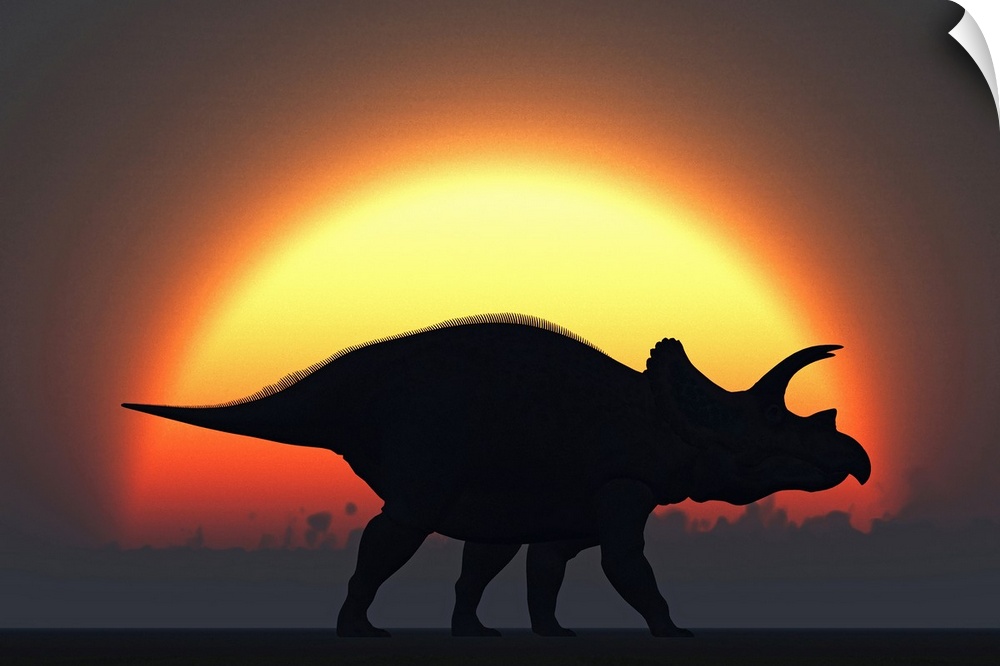 A silhouetted Triceratops strolling past a setting Sun at the end of a prehistoric day.