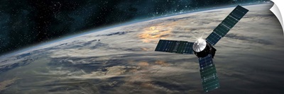 A space probe investigates a cloud covered planet in outer space