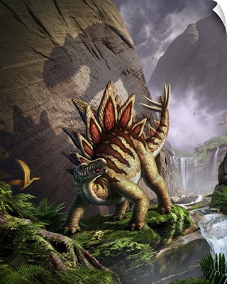 A Stegosaurus is surprised by an Allosarous while feeding in a lush gorge