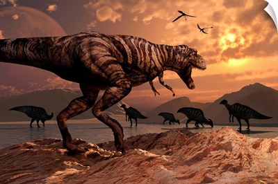A T-Rex plans his attack on a herd of Parasaurolophus dinosaurs