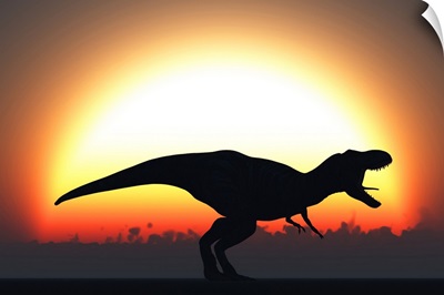 A T. Rex silhouetted against the setting Sun at the end of a prehistoric day