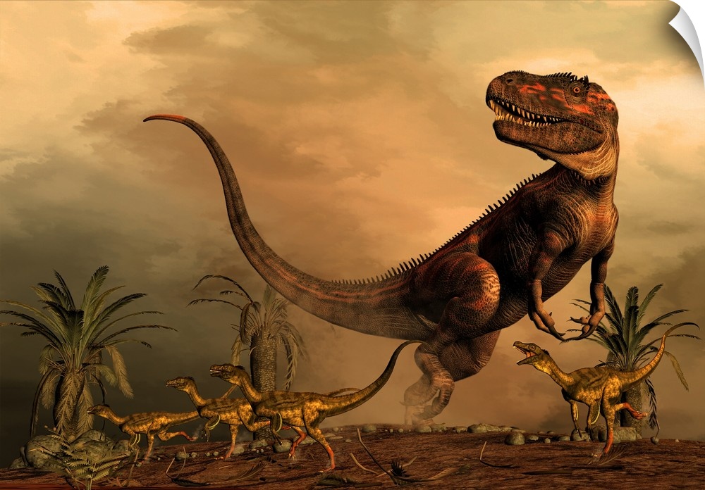 A Torvosaurus on the prowl while a group of Ornitholestes flee a hasty retreat.