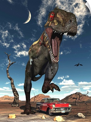 A Tyrannosaurus Rex about to crush a Cadillac with his feet