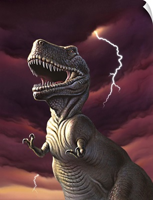 A Tyrannosaurus Rex with a red stormy sky and lightning behind it