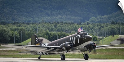 A U.S. Air Force C-47 Skytrain aircraft lands at Ramstein Air Base, Germany