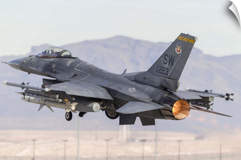 A U.S. Air Force F-16C Fighting Falcon turns after taking off from Nellis Air Force Base, Nevada.