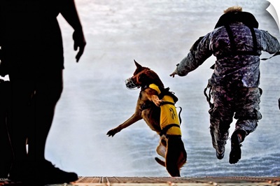 A U.S. Soldier and his military working dog jump off the ramp of a CH-47 Chinook