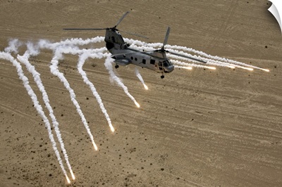 A US Marine Corps CH-46 Sea Knight Helicopter Launching Flares Near Al Taqqadum, Iraq