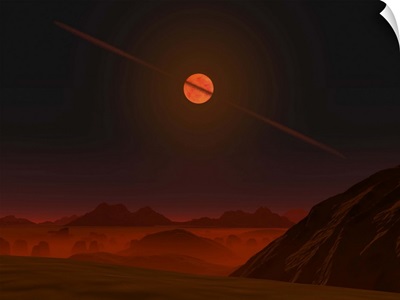 A view across a hypothetical primitive alien planet towards a brown dwarf in the sky