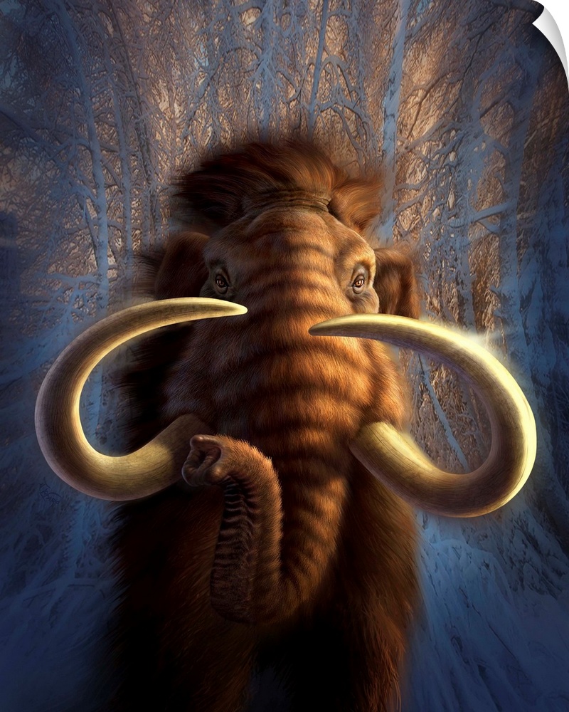 Full on view of a Woolly Mammoth bursting out of a snowy, wooded backdrop.