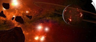 A young ringed planet with glowing lava and asteroids in the foreground