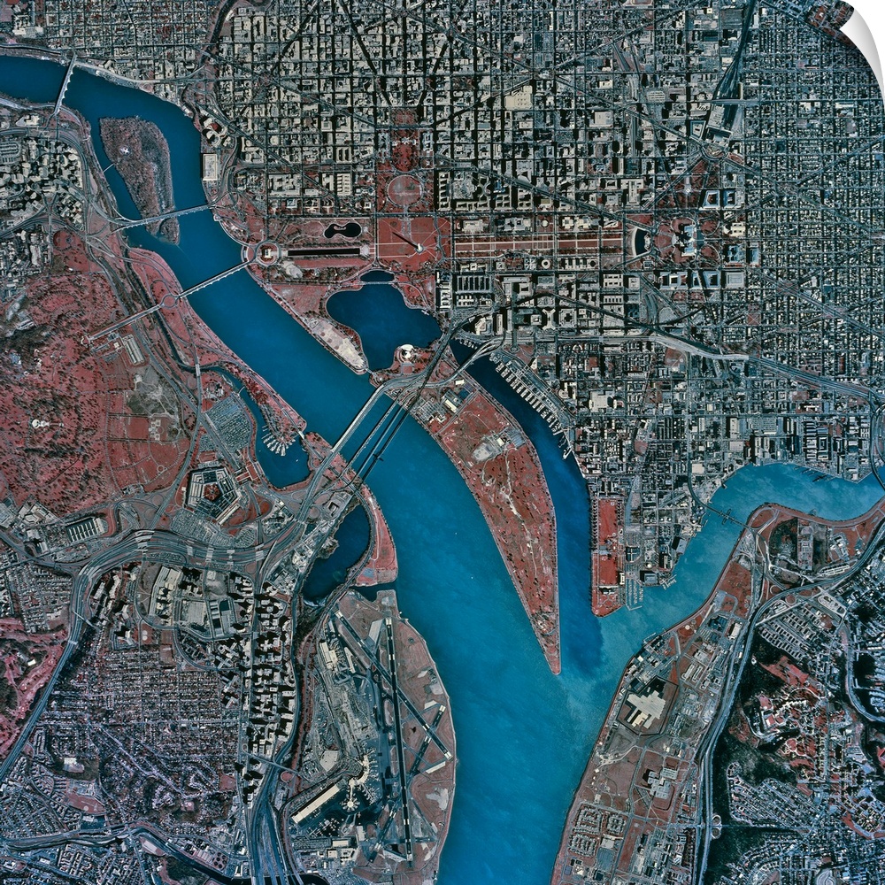 Square large wall picture of a birds eye view of Washington DC, including the Potomac River.