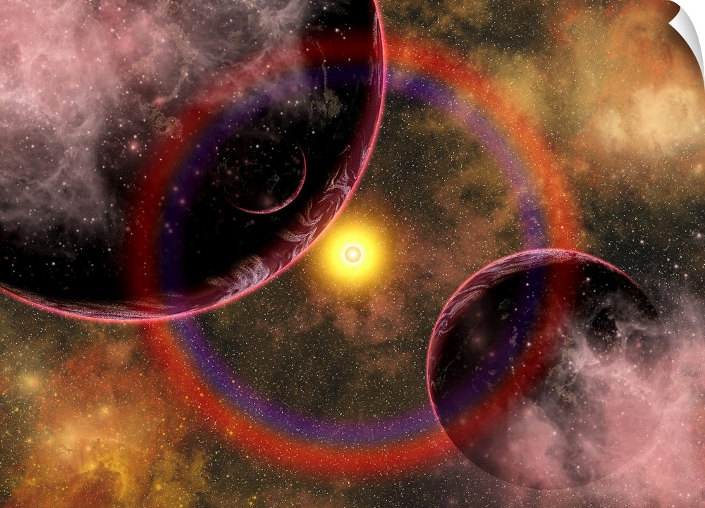 Alien planets located in a vast colorful gaseous nebula.