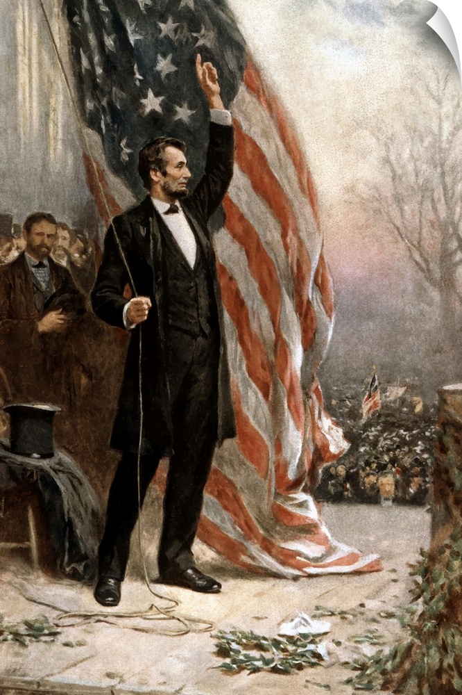 Digitally restored vintage American Civil War painting featuring President Abraham Lincoln holding the American flag as he...