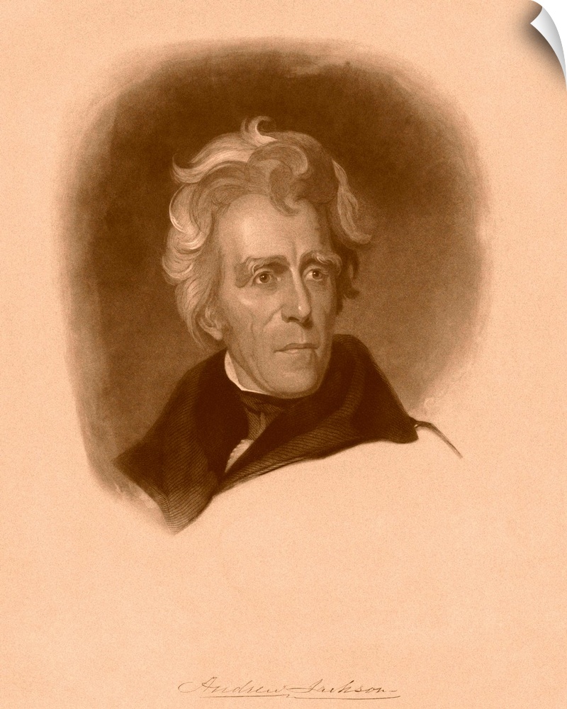 Digitally restored American history portrait of President Andrew Jackson and his signature.