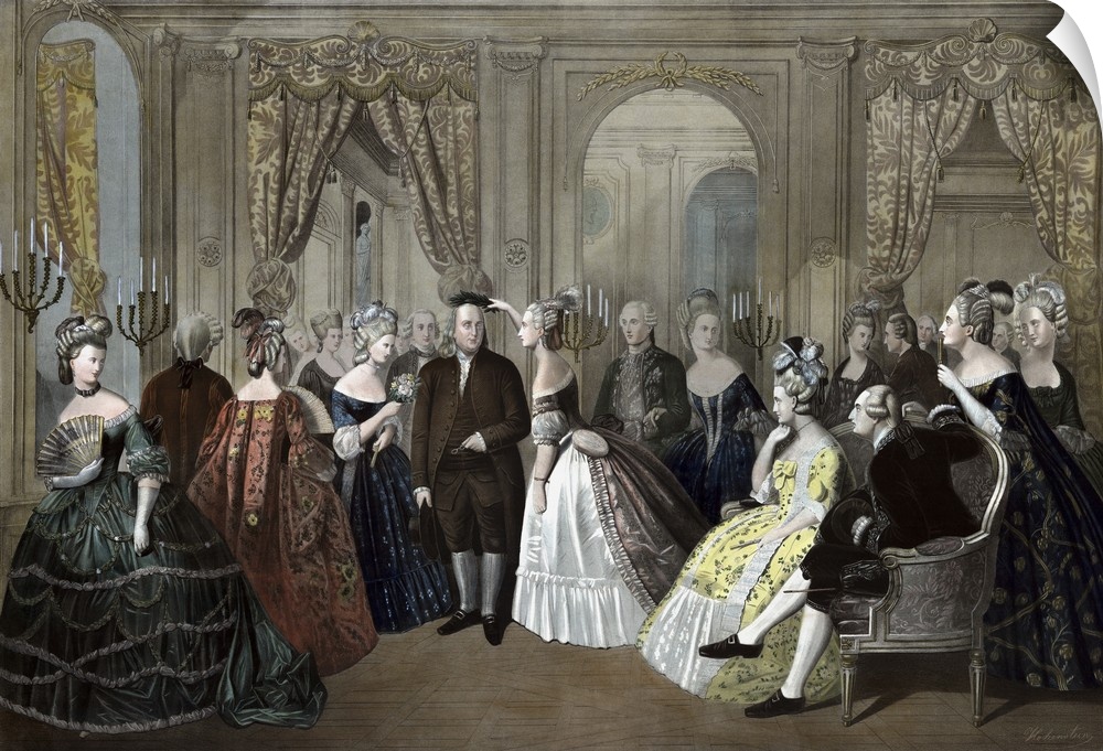 American History print of Benjamin Franklin's reception by the French court.