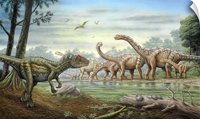 An Allosaurus Stalking A Herd Of Camarasaurus Dinosaurs Grazing At The Water's Edge