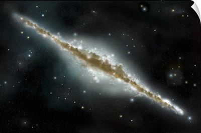 An artist's depiction of a large spiral galaxy viewed from edge on