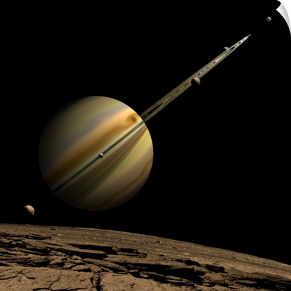 An artist's depiction of a ringed gas giant planet with six moons.