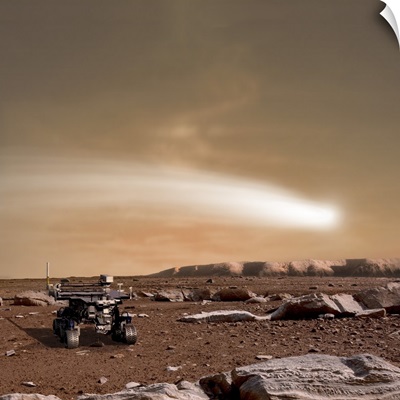 An artist's depiction of the close pass of comet C/2013 A1 over Mars