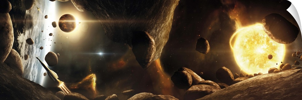 An asteroid field next to an Earth-like planet in a dual-star system.