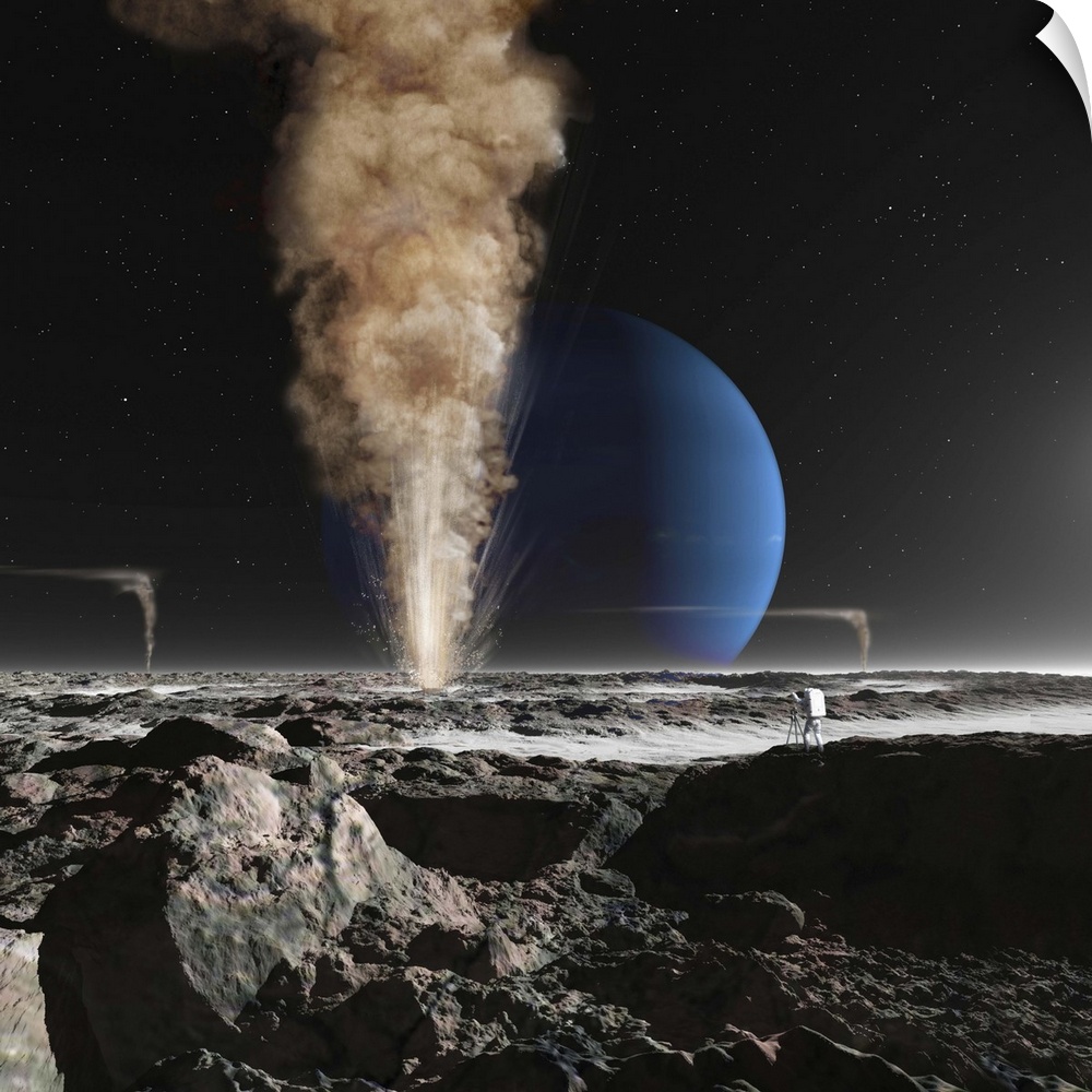 A future astronaut is observing the eruption of one of Triton's giant cryogeysers. Triton is the giant moon of Neptune.