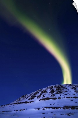 An aurora borealis shooting up from Toviktinden Mountain, Norway