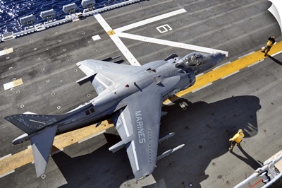 An AV-8B Harrier  prepares to takeoff from USS Peleliu