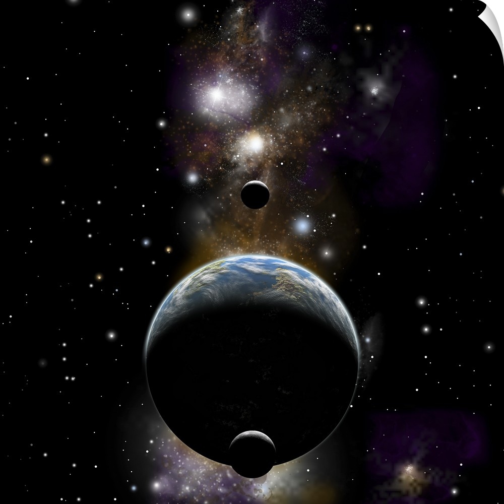 An Earth type world with two moons against a background of nebula and stars.