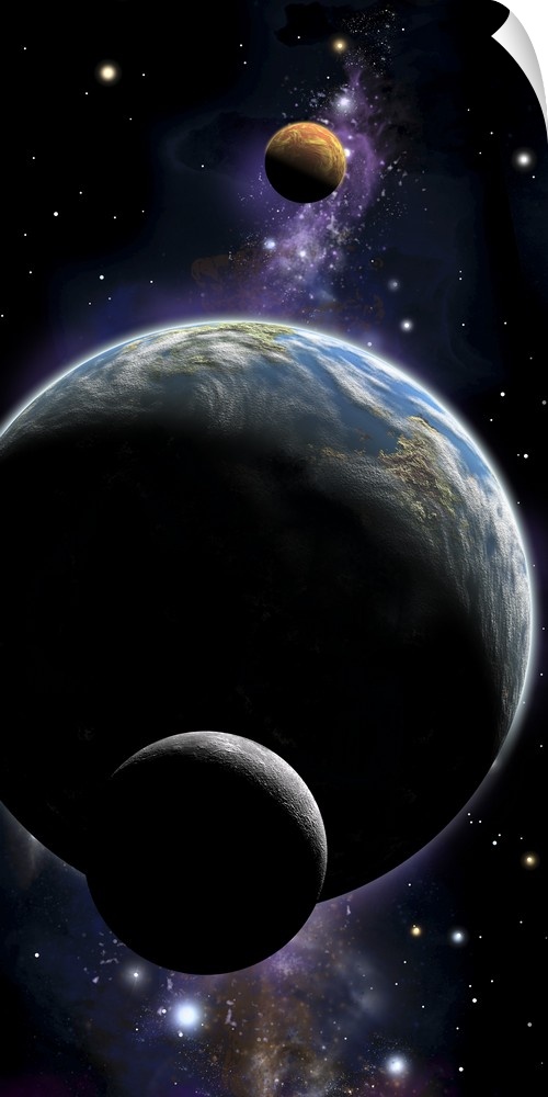 An artist's depiction of an Earth type world with two orbiting moons.