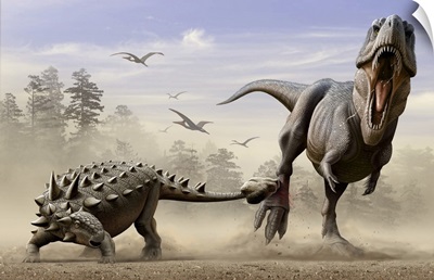 An Euoplocephalus hits T-Rex's foot with its mace-like tail in self-defense