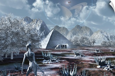 An extraterrestrial surveys an ancient structure on a distant alien world