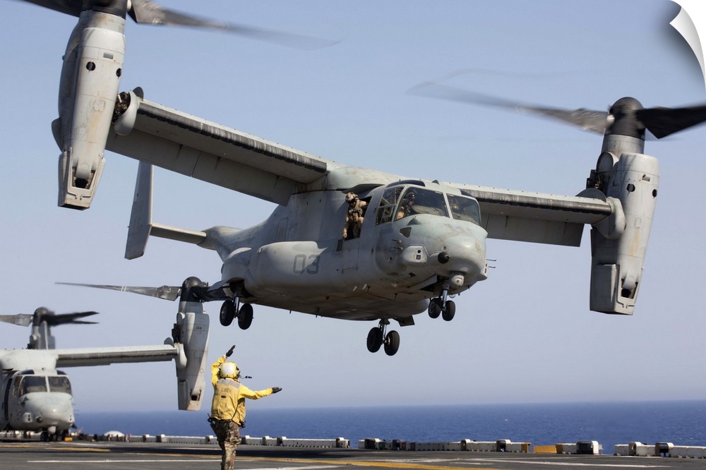 Red Sea, June 30, 2013 - An MV-22 Osprey takes off from the amphibious assault ship USS Kearsarge.