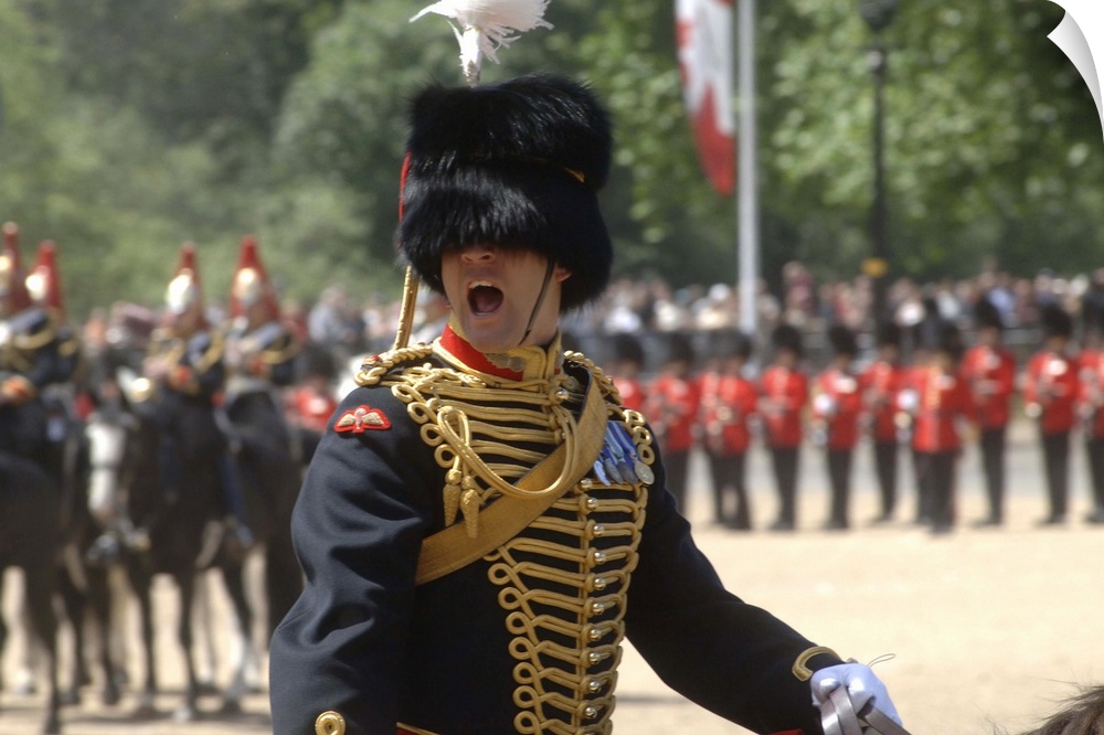 An officer shouts commands during the Trooping the Colour ceremony at Horse Guards Parade, London, England.