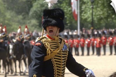 An officer shouts commands during the Trooping the Colour ceremony